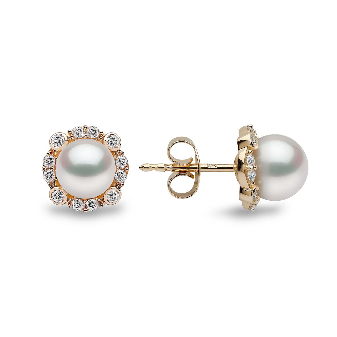 Trend Yellow Gold Pearl and Diamond Stud Earrings image number 2