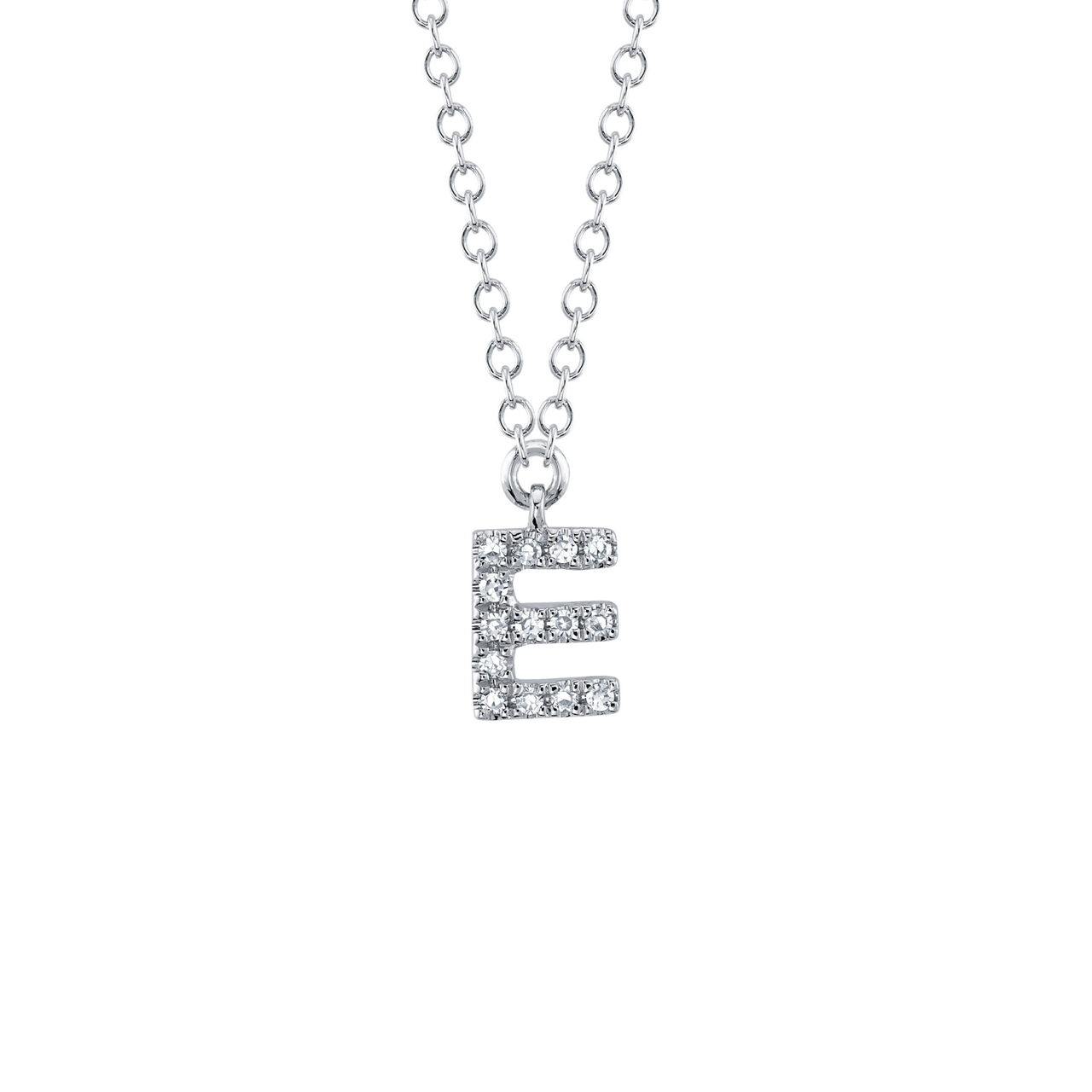 Initials White Gold and Diamond Pavé Letter E Necklace image number 0