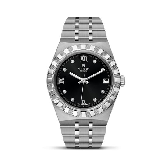 maison birks tudor royal 34 mm steel case black diamond set dial steel bracelet m28400 0004 image number 0