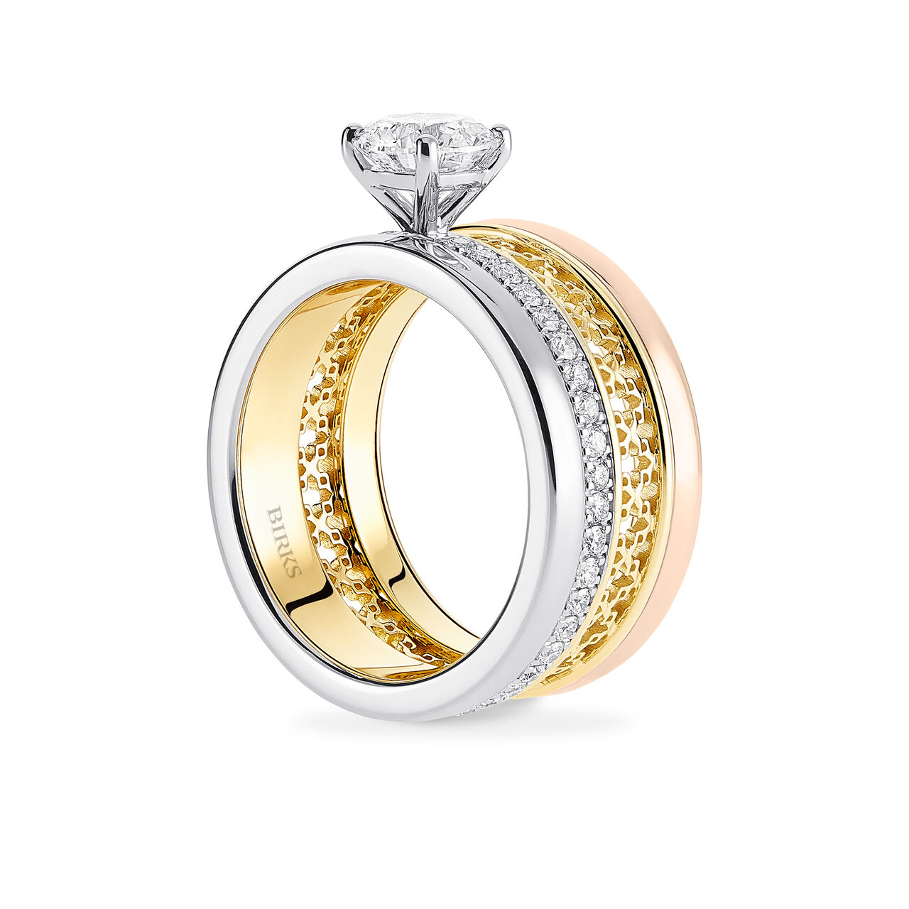 Birks Dare to Dream Tri-Gold Solitaire Diamond Engagement Ring Angle image number 2