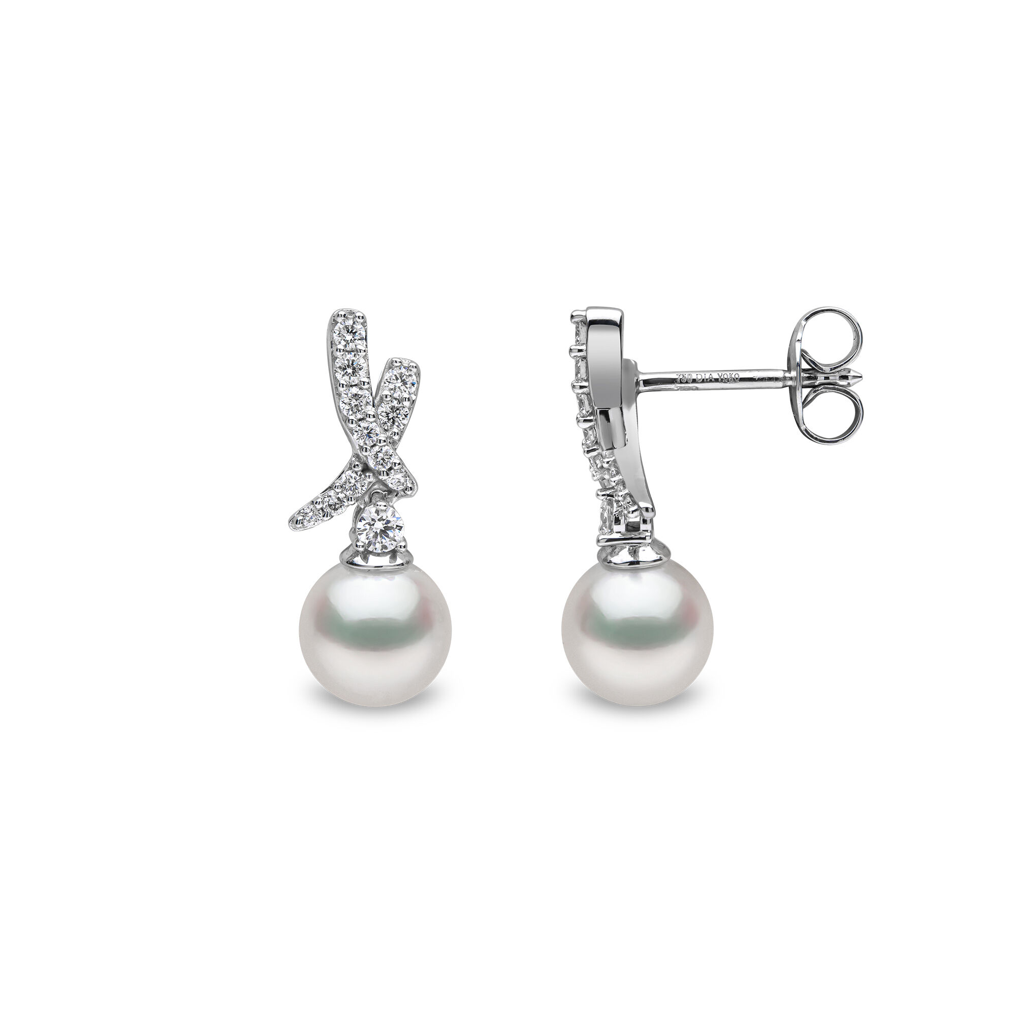 Sleek White Gold, Pearl and Diamond Pavé Cross Stud Earrings