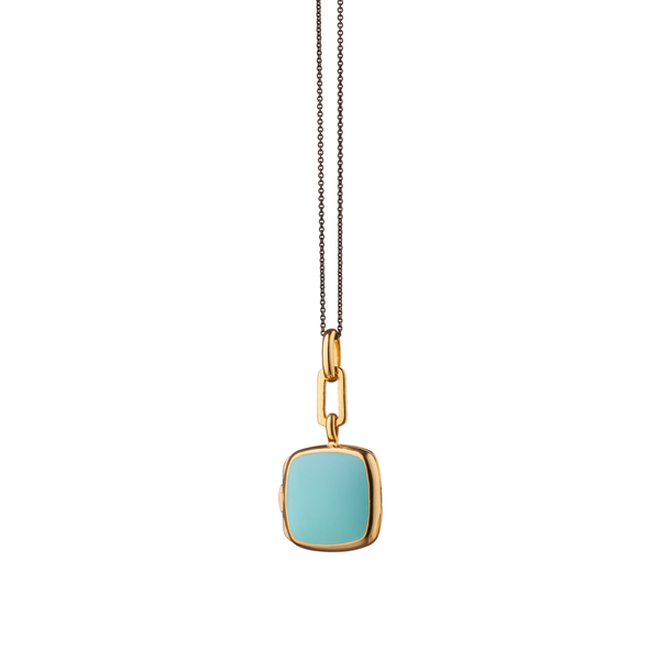 Médaillon Cushion Locket X Color en vermeil d'or jaune avec émail turquoise