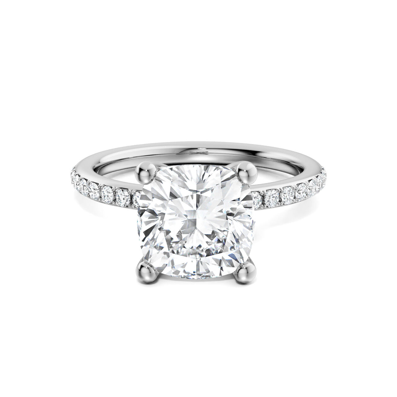 Cushion-cut diamond pavé engagement ring in platinum, front view image number 0