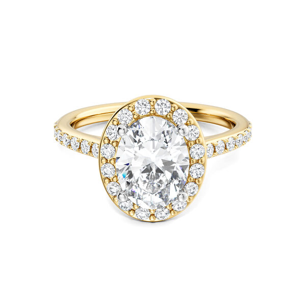 Bague de fian&ccedil;ailles en or jaune avec diamant ovale, halo et pav&eacute;