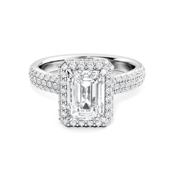 Emerald Cut Diamond Engagement Ring With Single Halo And Diamond Band