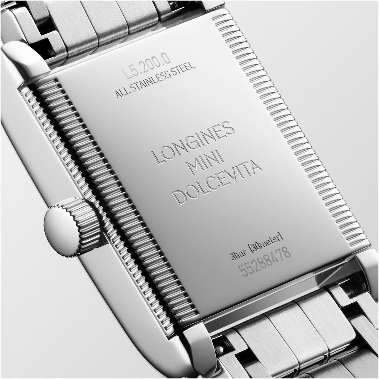 Longines Mini DolceVita Quartz 21 x 29 mm Stainless Steel and Diamond L5.200.0.75.6 Caseback image number 4
