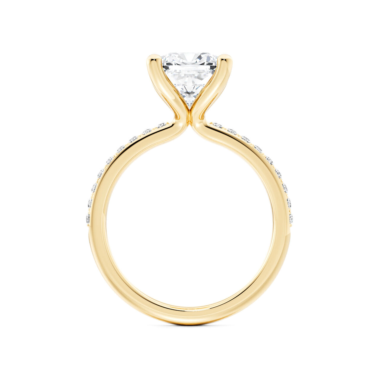 Cushion-cut diamond pav&eacute; engagement ring in yellow gold, side view image number 2
