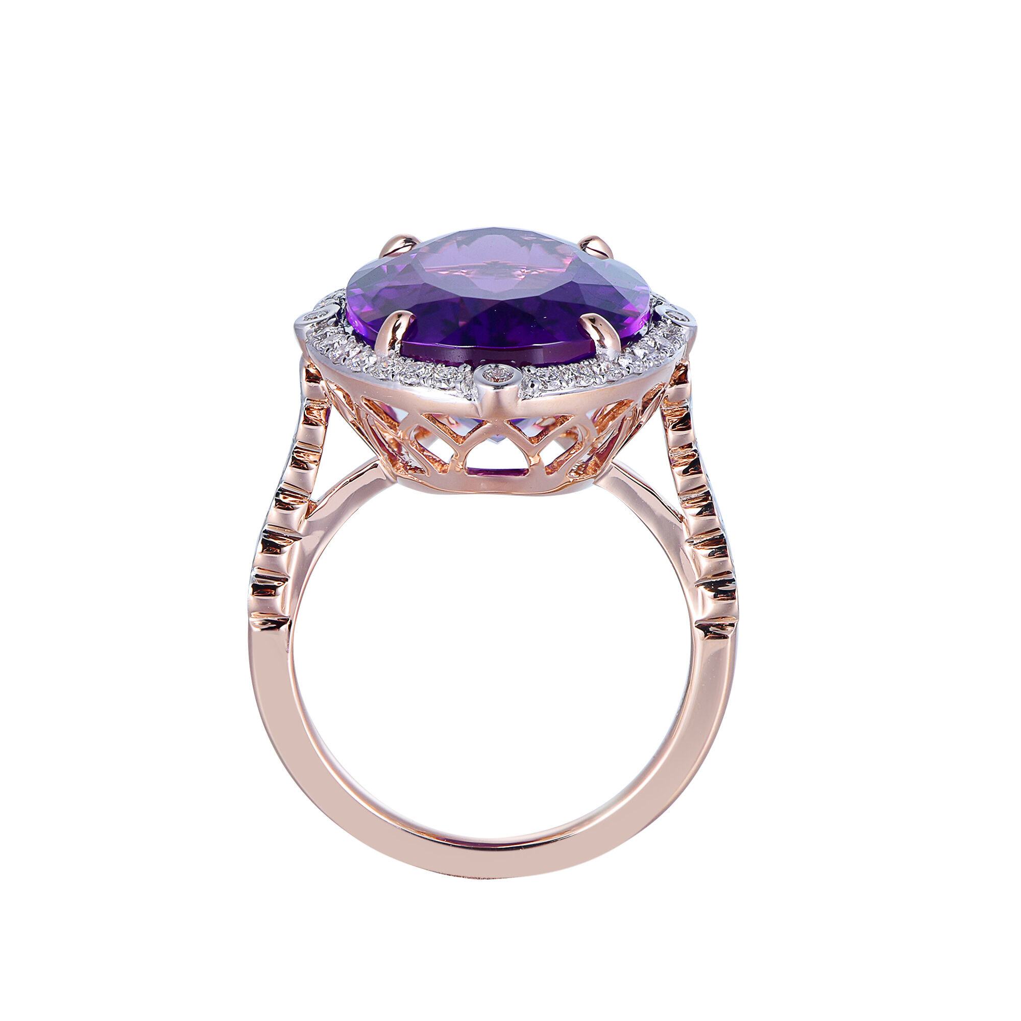 Oval Amethyst Ring with Diamond Halo in Rose Gold