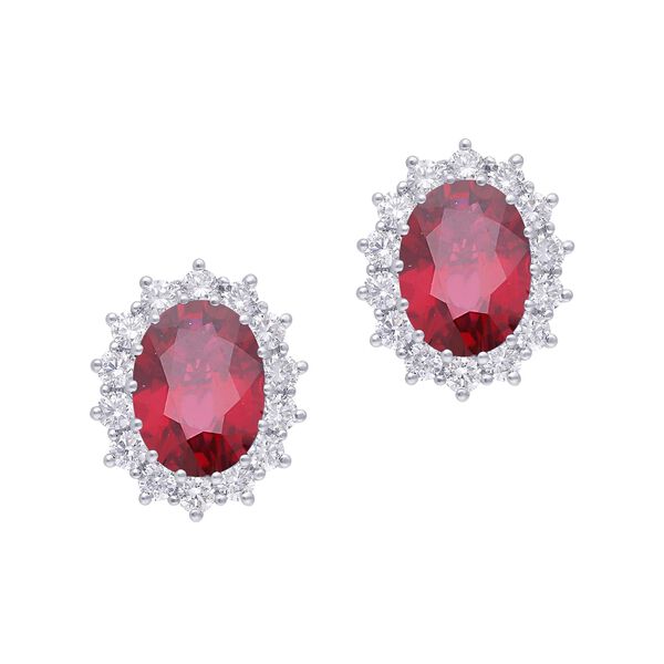 Oval Ruby and Sunburst Diamond Halo Stud Earrings