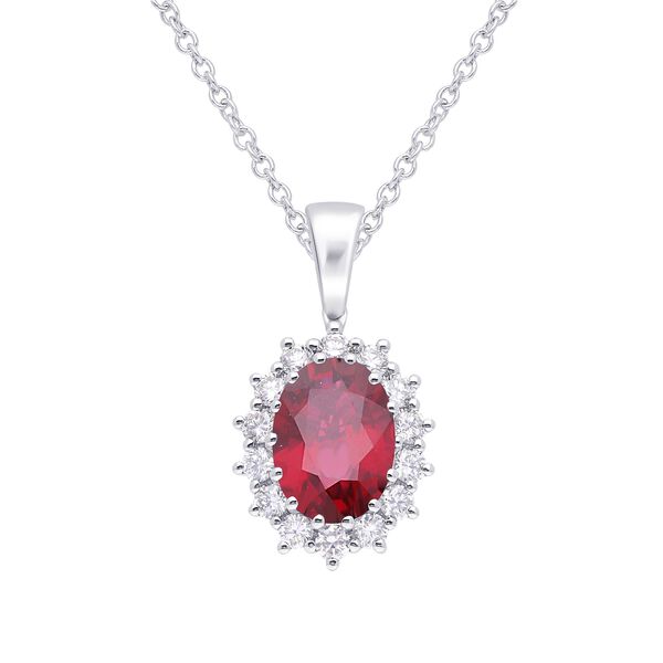 Pendentif avec rubie ovale et halo de diamants motif Soleil