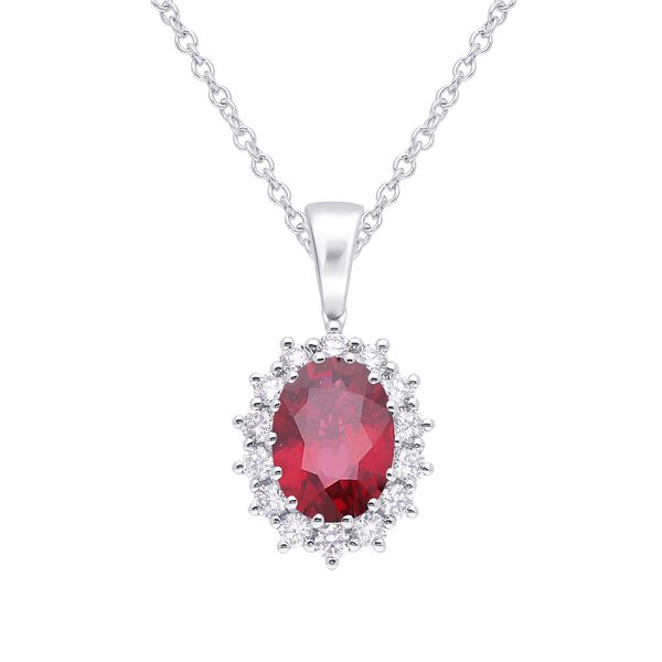 Oval Ruby and Sunburst Diamond Halo Pendant