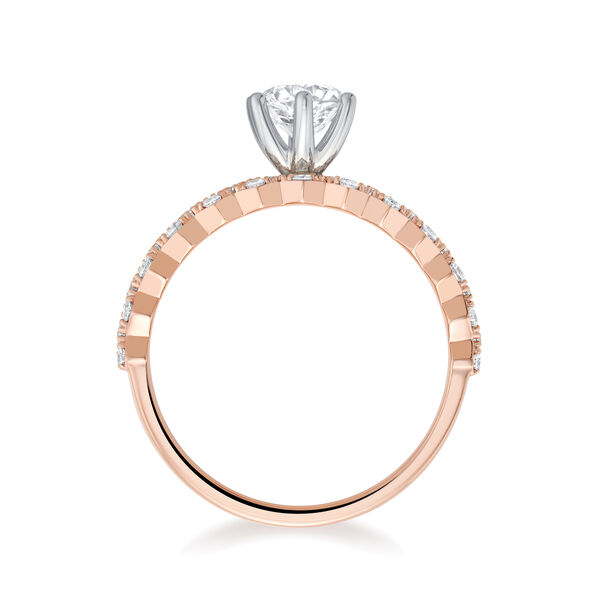 Bague de fiançailles à diamant solitaire rond avec anneau pavé en or rose sertie de diamants
