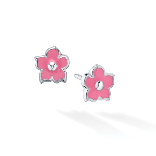 Pink Enamel and Silver Stud Flower Earrings for Kids