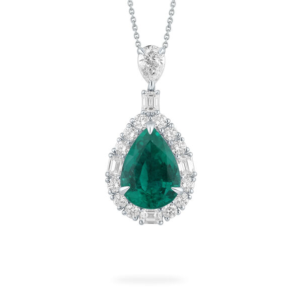 Emerald Pear-Cut Pendant with Diamonds in White Gold