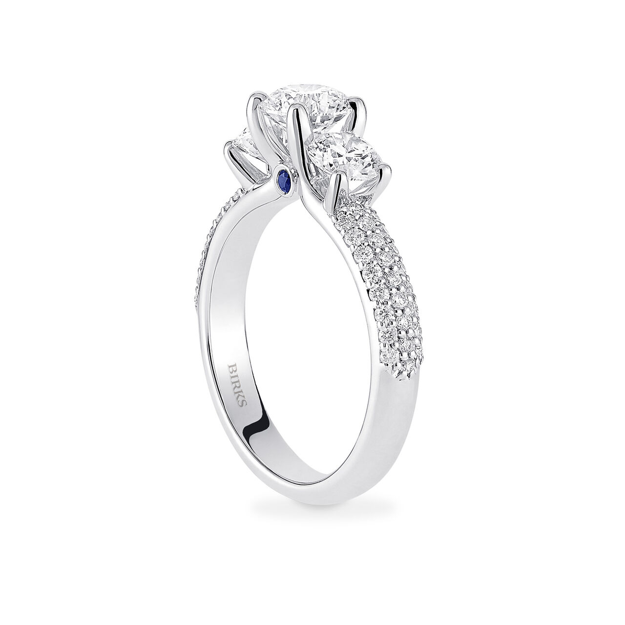 Birks Blue Three-Stone Pavé Diamond Engagement Ring - Angle image number 2