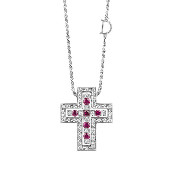 Pendentif croix Belle Époque en or blanc avec rubis et pavé de diamants