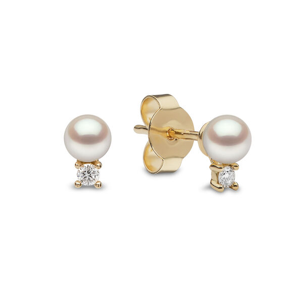 Sleek Yellow Gold Pearl and Diamond Stud Earrings