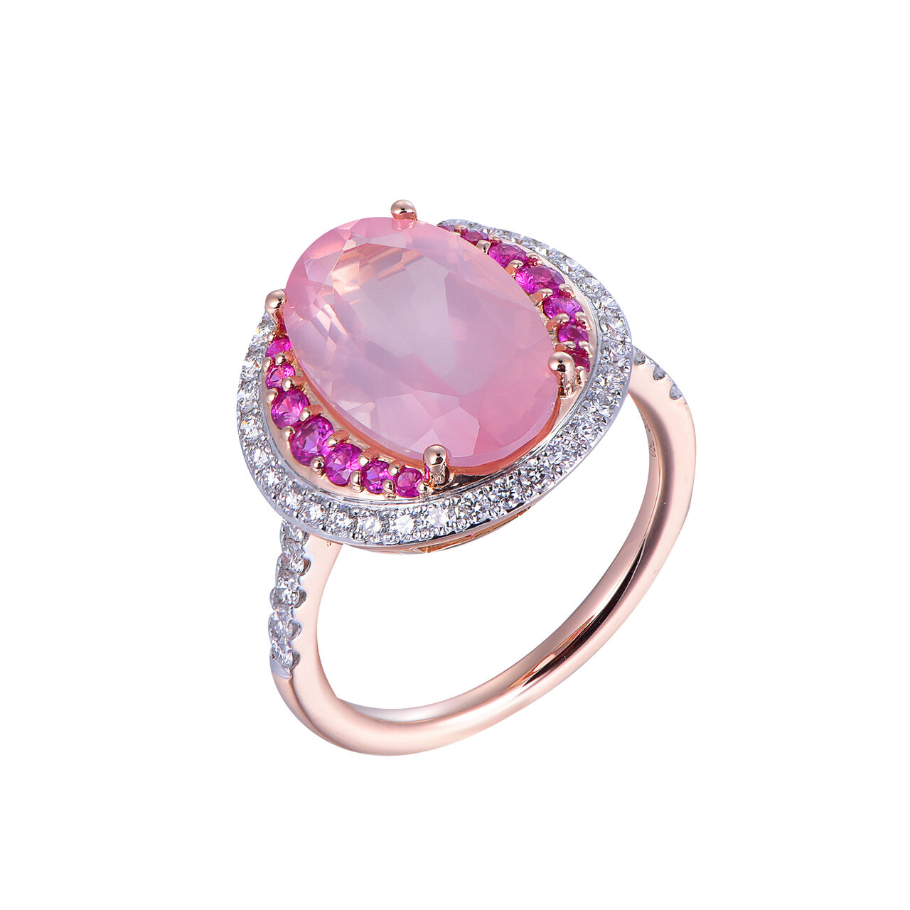 Rose Quartz Ring with Pink Sapphire and Diamond Accents in Rose Gold image number 0