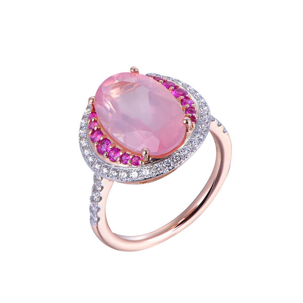 Rose Quartz Ring with Pink Sapphire and Diamond Accents in Rose Gold
