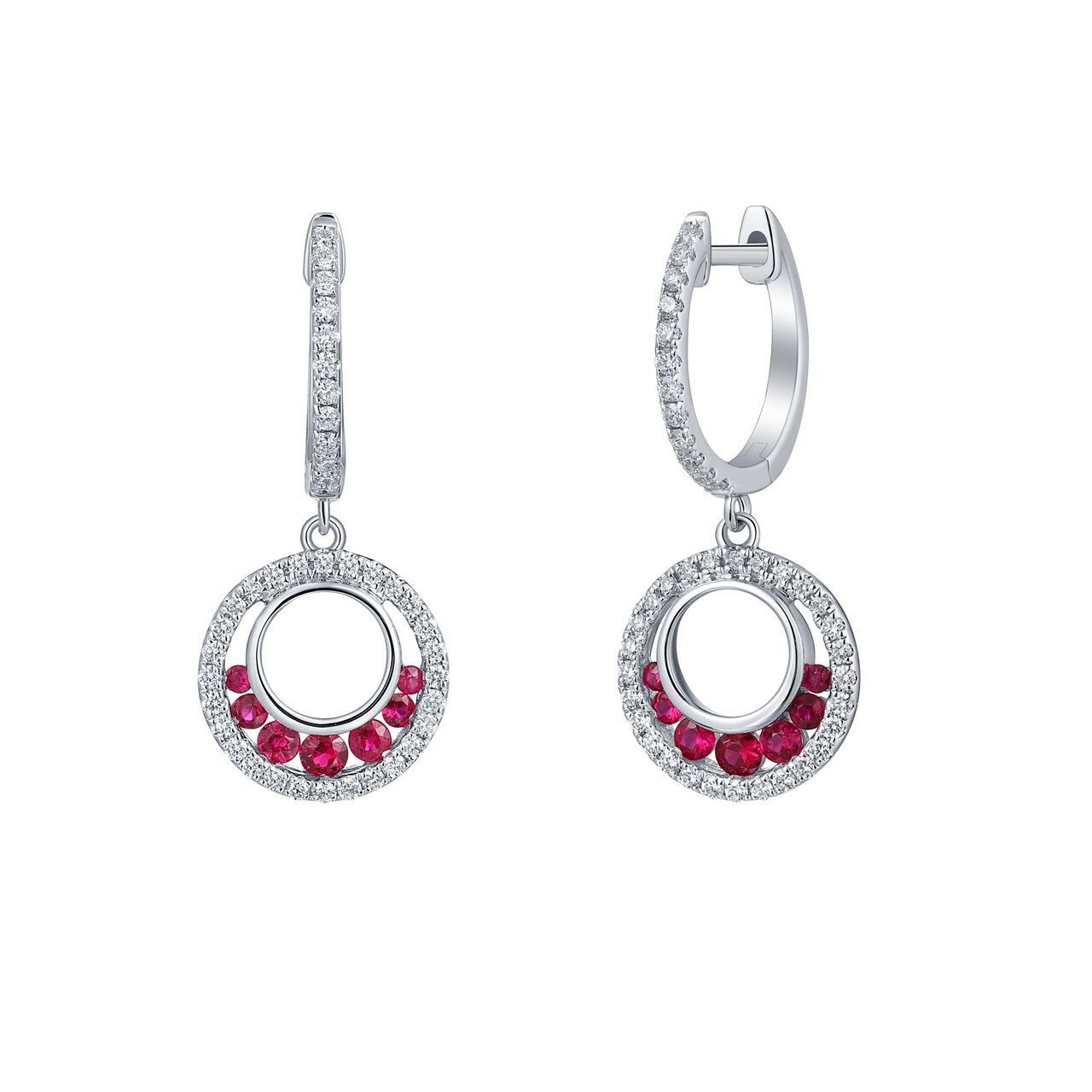 Boucles d'Oreilles Rondes Rubis et Diamants en Or Blanc image number 0