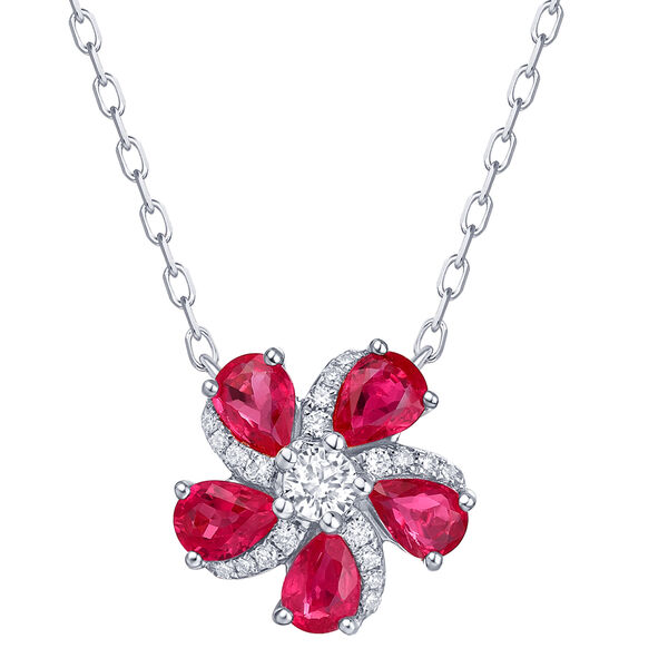 Pendentif Fleur de Rubis et Diamants en Or Blanc
