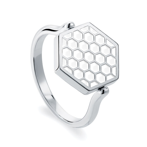 Hexagonal White Enamel Reversible Sterling Silver Ring