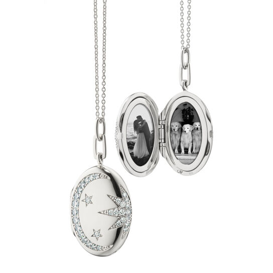 Sun, Moon & Stars Silver and White Sapphire Locket image number 1