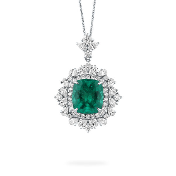 Emerald Cushion-Cut Pendant with Diamonds in White Gold