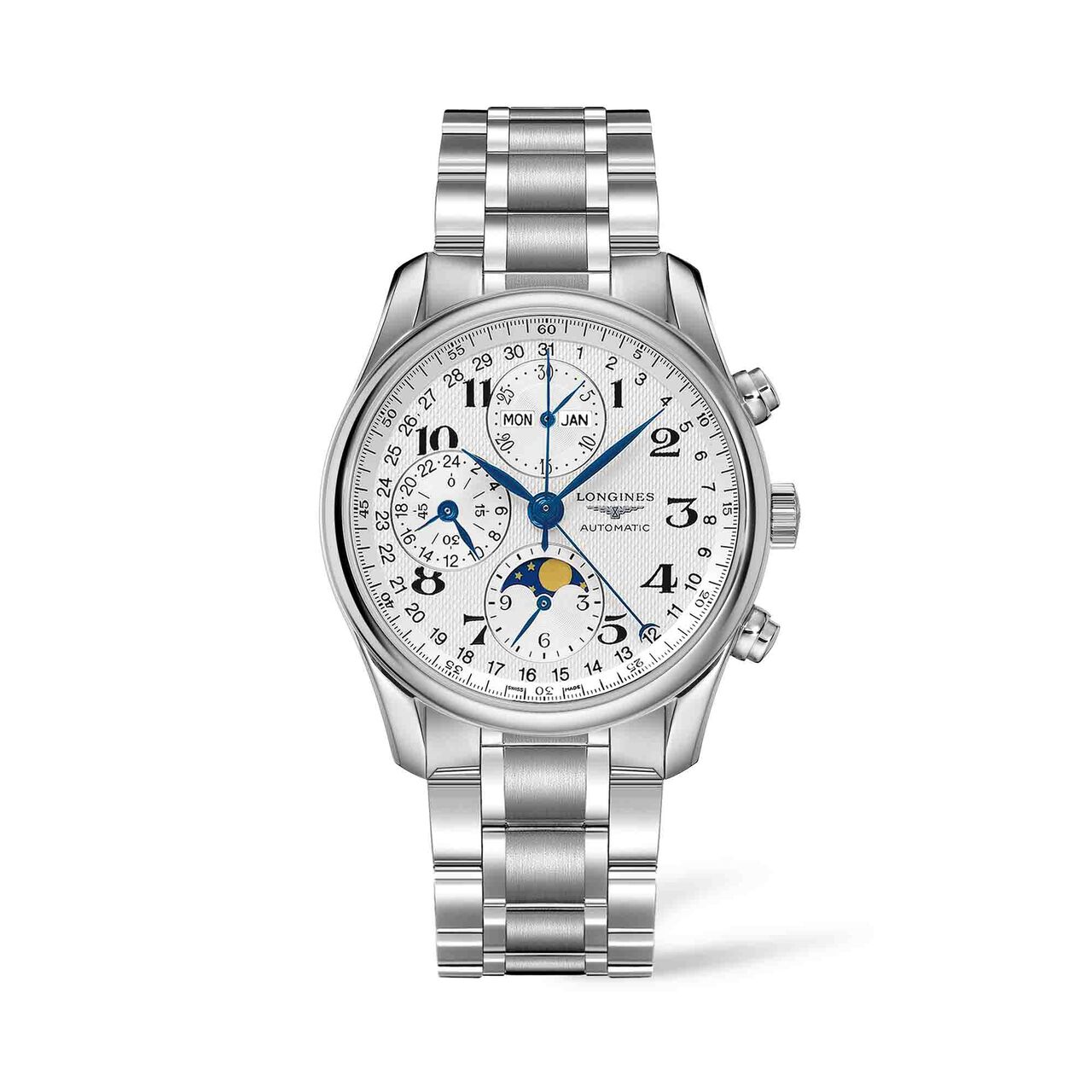 the longines master collection 38 5mm automatic chronograph steel silver barleycorn dial l26734786 image number 0