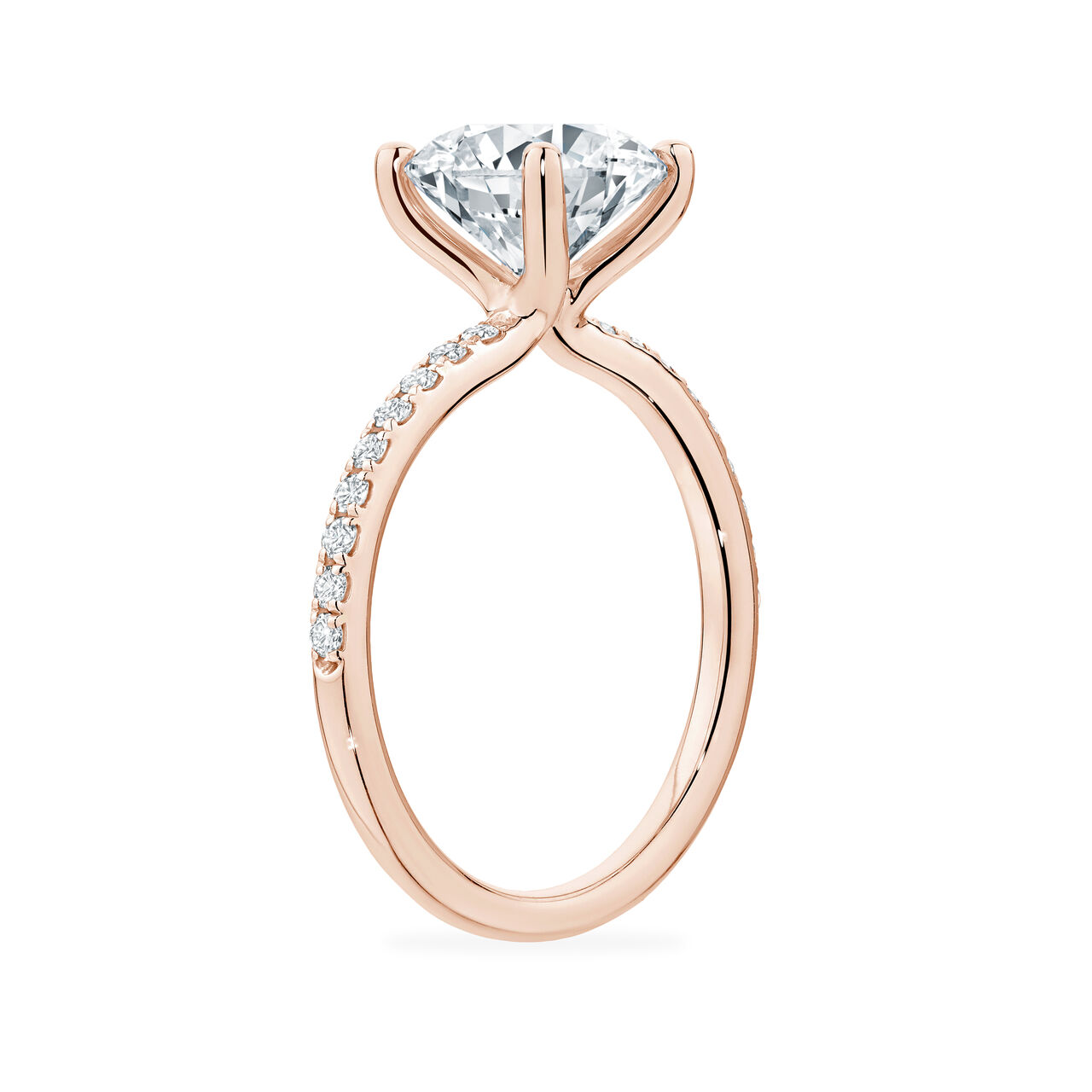 /Birks Rosée du Matin Rose Gold Round Solitaire Diamond Engagement Ring with Diamond Band Angle image number 1