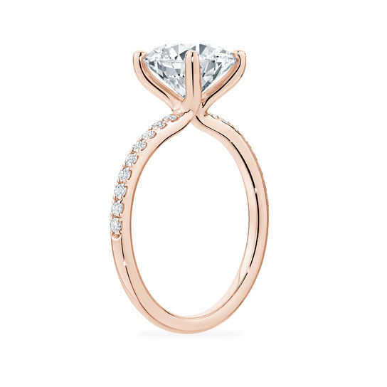 /Birks Rosée du Matin Rose Gold Round Solitaire Diamond Engagement Ring with Diamond Band Angle image number 1