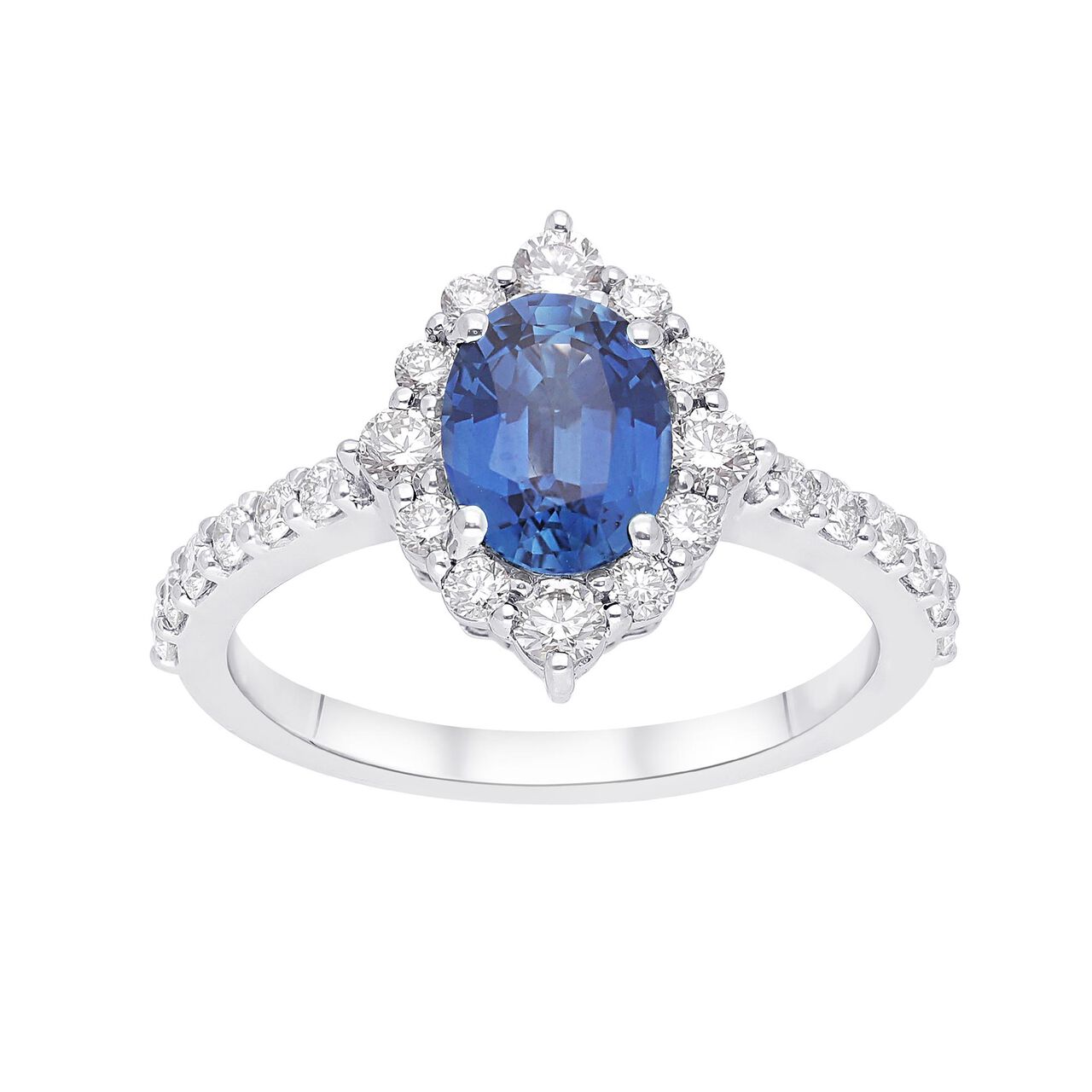 Oval sapphire and diamond halo ring