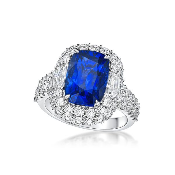 Sapphire and Double Diamond Halo Ring