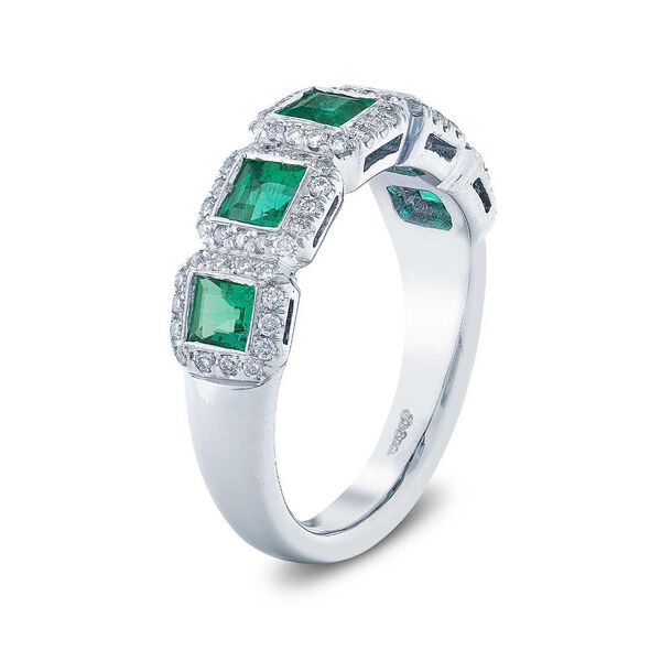 Emerald and Diamond Wedding Band with Single Halo