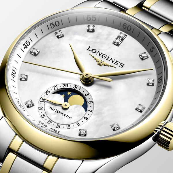 Master 34 mm phase de lune automatique en acier inoxydable, or jaune et diamants