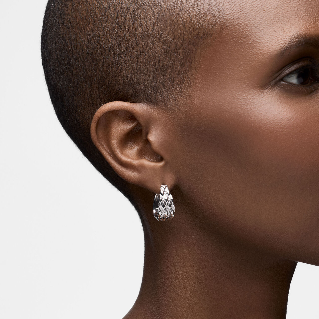 On-model view of Birks Essentials silver serpent hoops worn on the ear image number 1