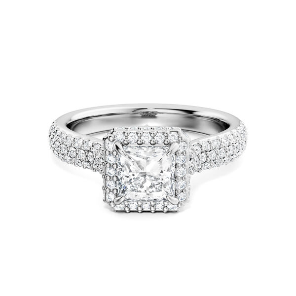 Single Halo Princess Cut Diamond Engagement Ring with Pav&eacute; Band