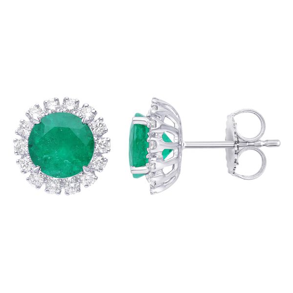 Round Emerald and Diamond Halo Stud Earrings