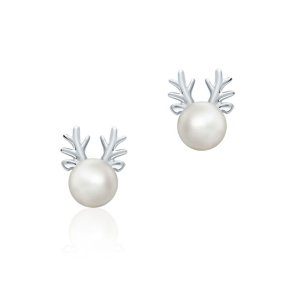 Freshwater Pearl and Silver Reindeer Stud Earrings