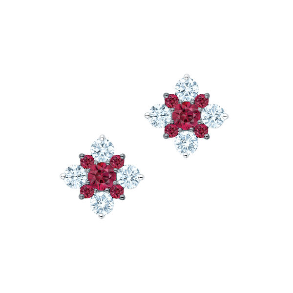 Cluster Diamond Stud Earrings with Rubies