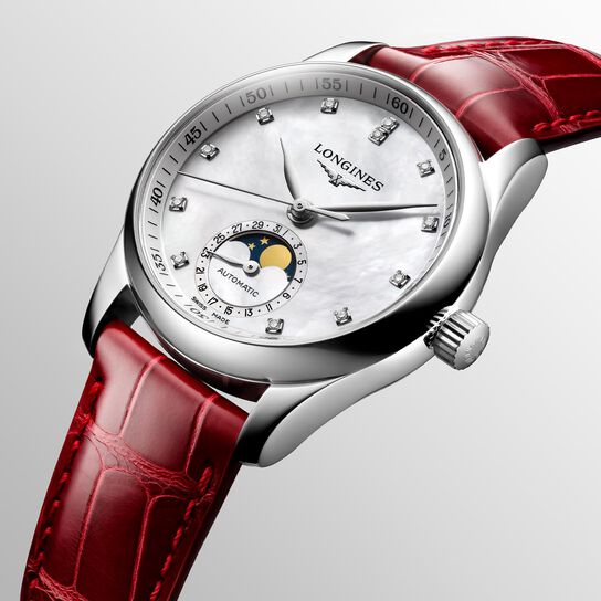 longines master automatic moonphase 34 mm steel diamond l2.409.4.87.2 angled image number 1