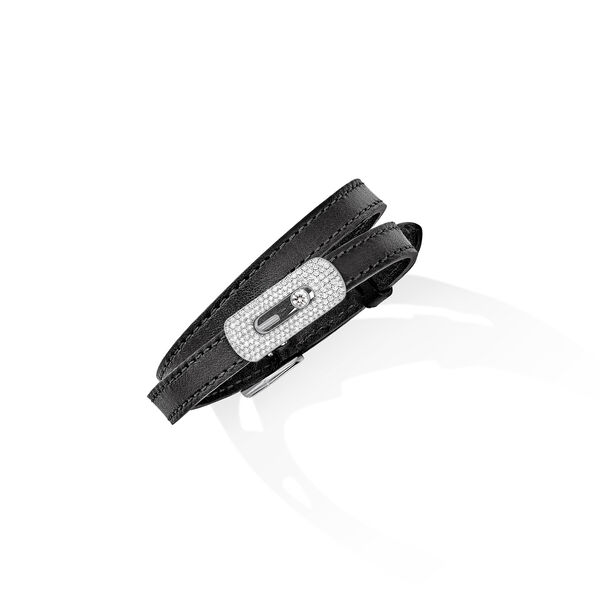 Bracelet My Move en cuir avec motif en or blanc pavé de diamants