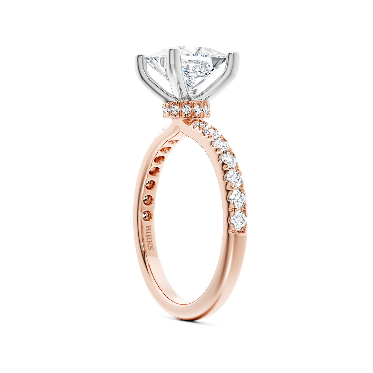 Birks D&eacute;co Princess‑Cut Solitaire Diamond Engagement Ring with Pav&eacute; Band and a Hidden Pav&eacute; Halo in Rose Gold image number 1