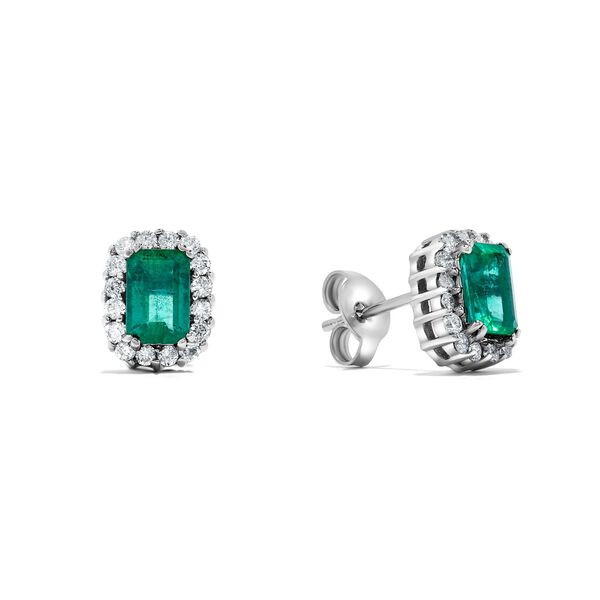 White Gold Emerald and Pavé Diamond Halo Earrings