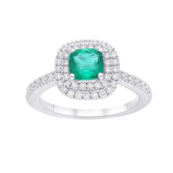 Cushion-Cut Emerald and Double Diamond Halo Ring
