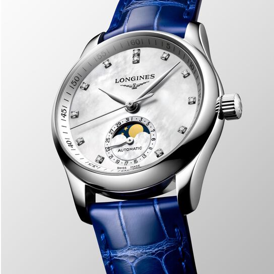 longines master automatic moonphase steel diamond l2.409.4.87.0 face angled image number 1