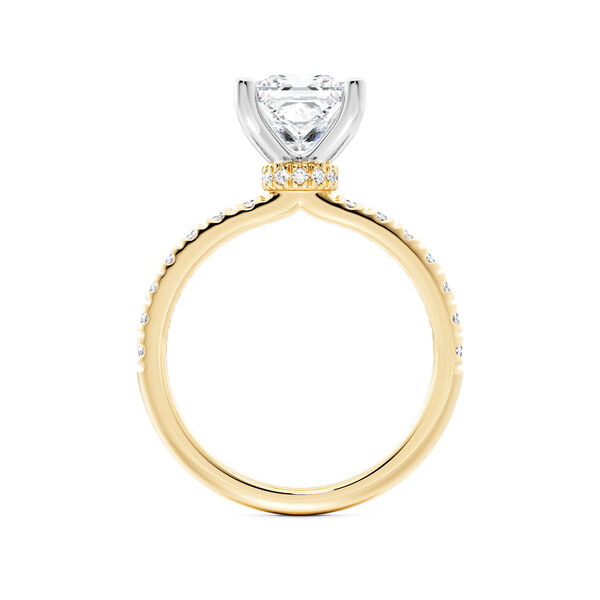 Princess‑Cut Solitaire Diamond Engagement Ring with Pav&eacute; Band and a Hidden Pav&eacute; Halo in Yellow Gold