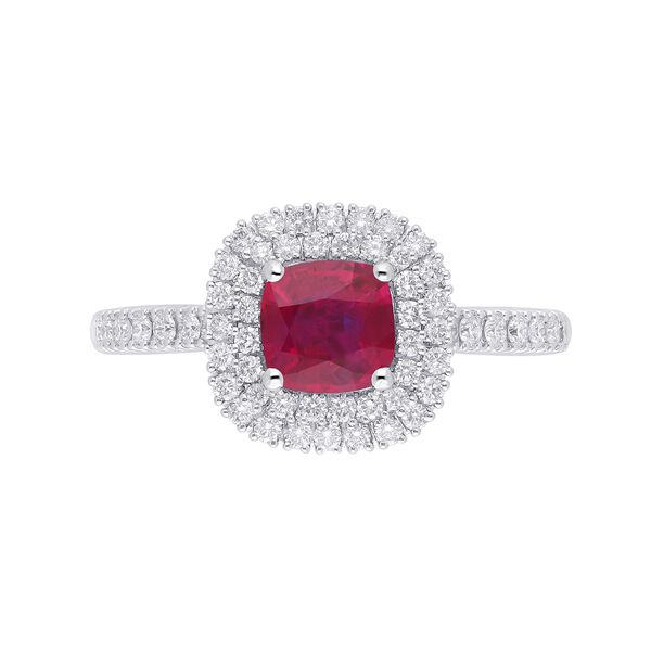 Cushion-Cut Ruby and Double Diamond Halo Ring