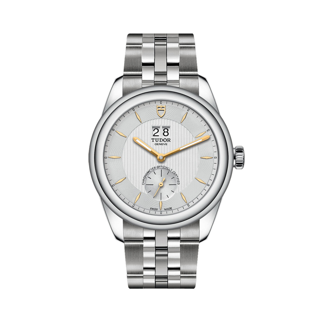 maison birks tudor glamour double date 42 mm steel case silver dial steel bracelet m57100 0002 image number 0