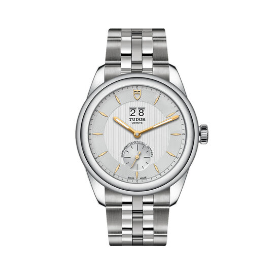 maison birks tudor glamour double date 42 mm steel case silver dial steel bracelet m57100 0002 image number 0